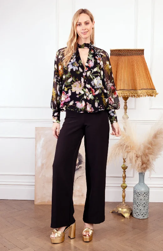 Hope & Ivy The Juni Mae Keyhole Neck Blouse In Feather Lurex Frilled Cuff Blouse