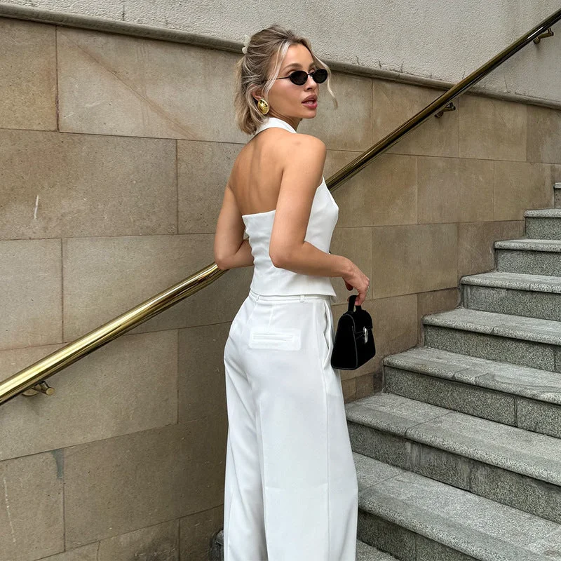 Wjczt suit Women's Clothing 2024 Summer New Elegant Halter Single-Breasted High Waist Straight Pants Fashion Casual Suit Comfy Zip-Up Pants