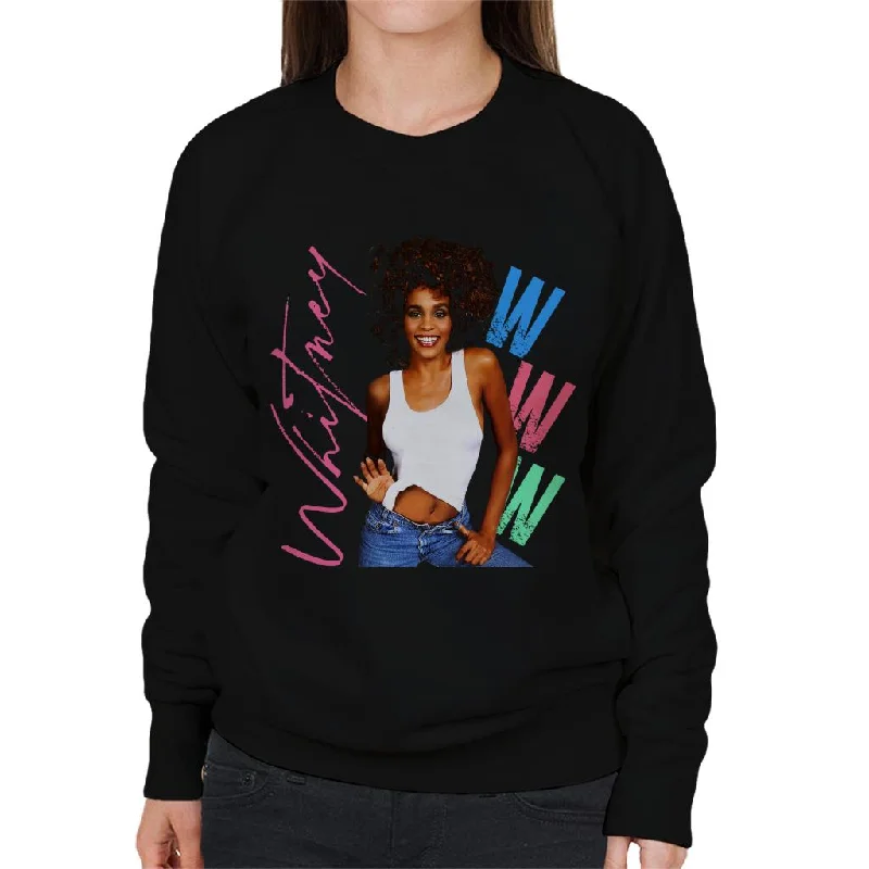 Whitney Houston Posing Pink Signature Women's Sweatshirt Hoodie with Puffed Sleeves Voluminous Trendy