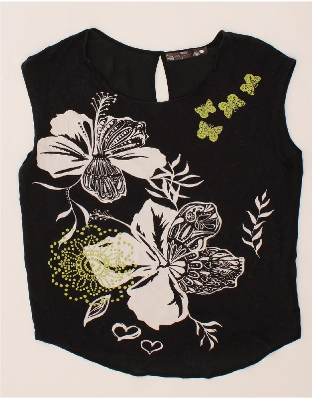 DESIGUAL Womens Sleeveless Blouse Top UK 16 Large Black Floral Viscose Pleated Collar Blouse