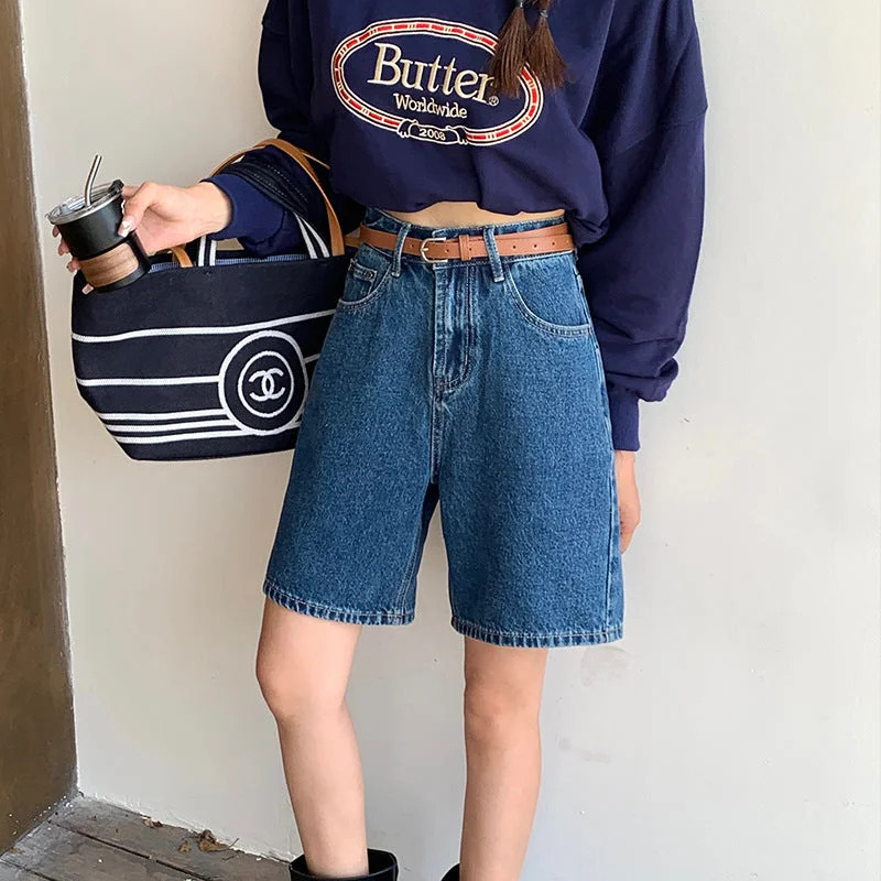 Wjczt masc outfits Denim Blue Denim Shorts Women's Summer Fashionable Letter Embroidered High Waist Loose Slimming Straight Wide Leg Pants Elegant High-Waist Pants