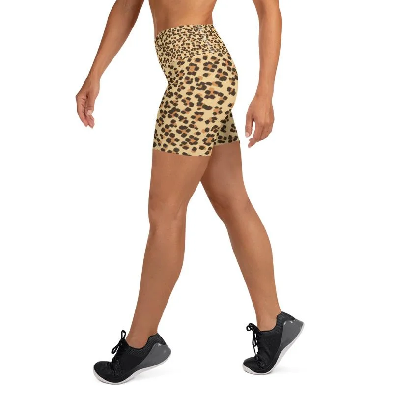 Brown Leopard Yoga Shorts, Animal Print Premium Women's Shorts Pants- Made in USA/ EU Trendy Velvet Pants