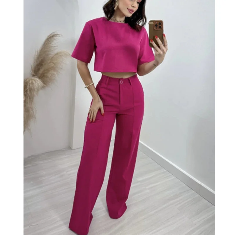 Wjczt old money outfits men 2024 New Fashion Cotton and Linen Short Top High Waist Wide Leg Suit Pants Women's Suit Casual Lounge Pants