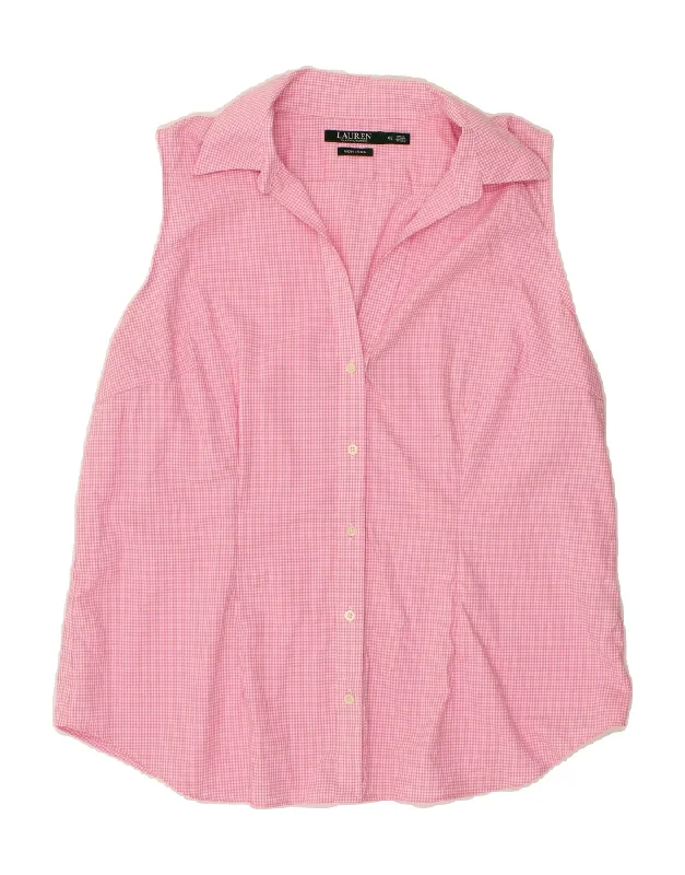 POLO RALPH LAUREN Womens Sleeveless Shirt Blouse UK 18 XL Pink Gingham Oversized Silk Blouse