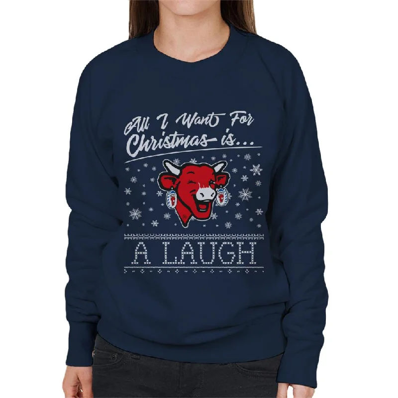 The Laughing Cow Christmas All I Want For Xmas Is A Laugh Women's Sweatshirt Hoodie with Button Placket Classic Preppy