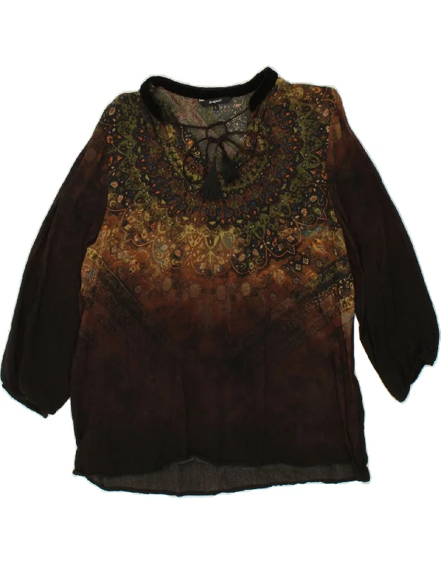 DESIGUAL Womens 3/4 Sleeve Blouse Top UK 16 Large Brown Paisley Viscose Feminine Tie Blouse