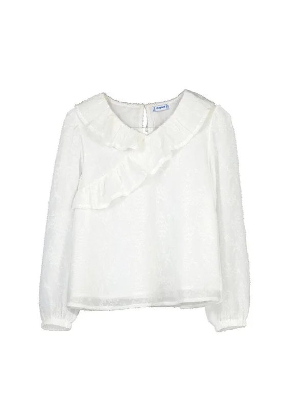 Mayoral Older Girl Ruffle Long Sleeve Blouse, White Chic Ruffle Blouse