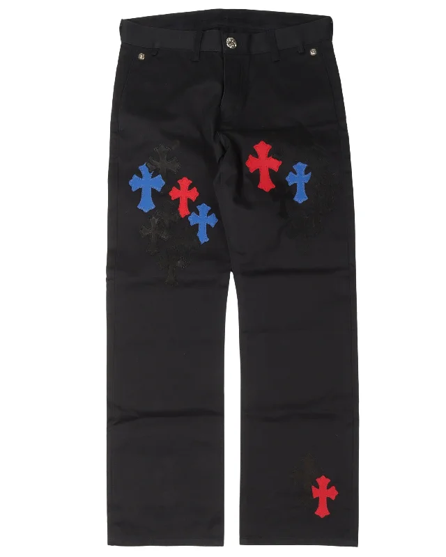 Multicolor Cross Patch Chino Pants Relaxed Casual Leggings