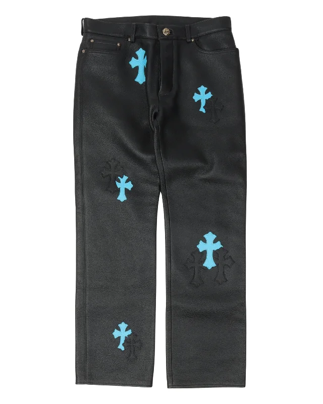 Cross Patch Leather Pants Comfortable Denim Pants