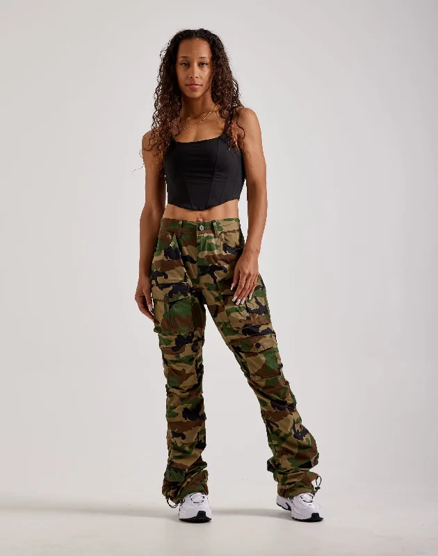 Smoke Rise High-Rise Stacked Nylon Cargo Pants Fashionable Tapered Leg Pants