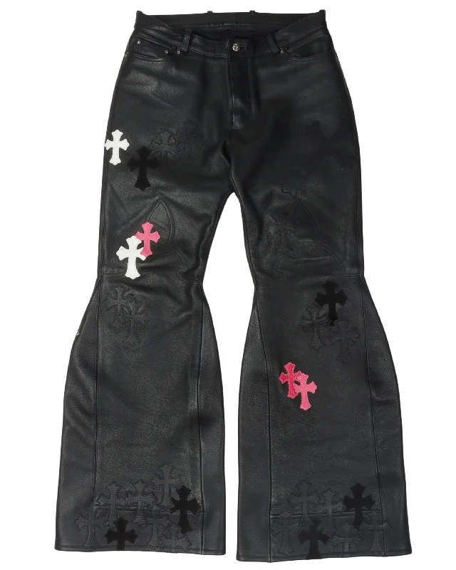 Leather Cross Patch Flared Pants "Final Boss" Comfortable Wide-Leg Pants