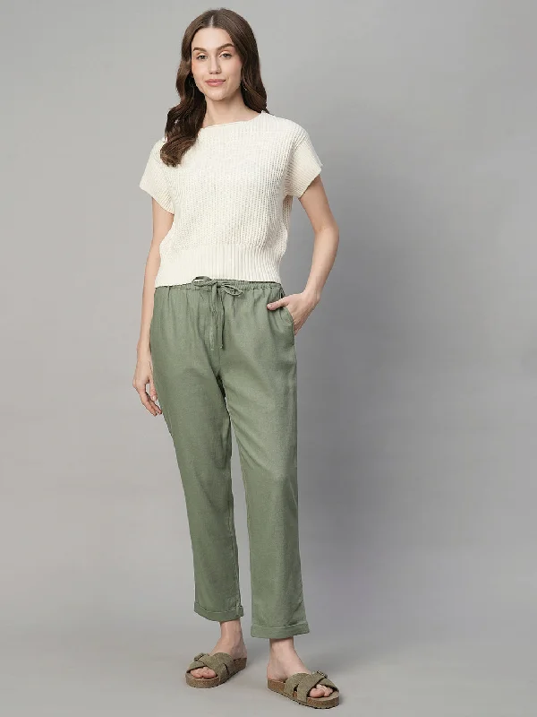 Women's Sage Linen Viscose Regular Fit Pant Elegant Silk Pants