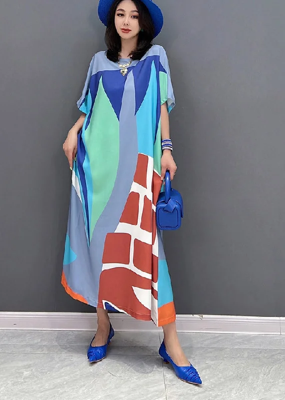 Loose Green O-Neck Print Long Dress Short Sleeve