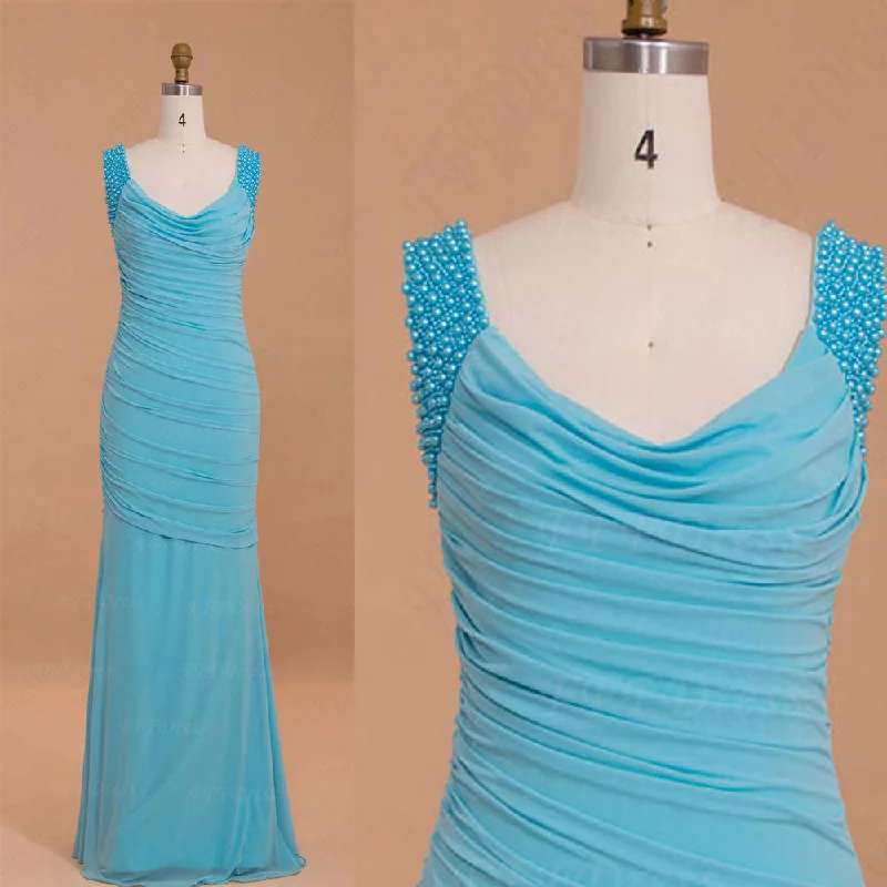 Pearls Aqua blue trumpet stretchy formal dresses