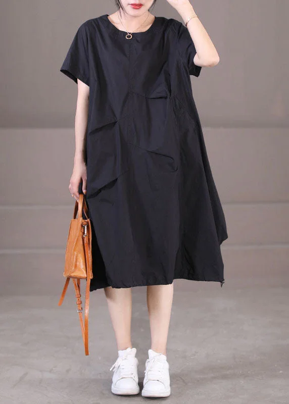 Italian Black O-Neck Drawstring Cotton Long Dress Short Sleeve