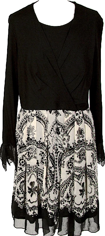 HIROKO KOSHINO JAPAN. HIROKO BIS Black, Ivory Printed Crepe Chiffon Switching Dress