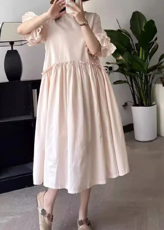 Art Pink O-Neck Wrinkled Long Dresses Summer