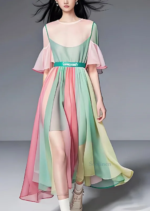Fine Colorblock O Neck Wrinkled Patchwork Chiffon Long Dress Summer