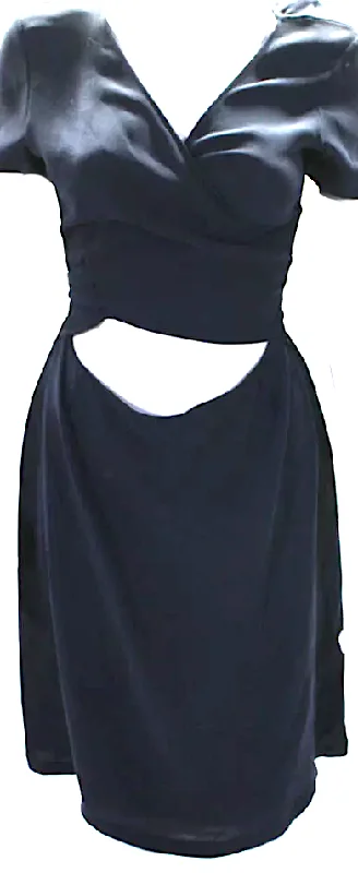 Jil Sander Navy Blue Rayon/Silk Blend Side Zip Short Sleeve V Neck Cut Out Dress