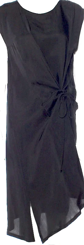 Ann Demeulemeester Belgium. Black Cupro Material Scoop Neck Knee-Length Dress