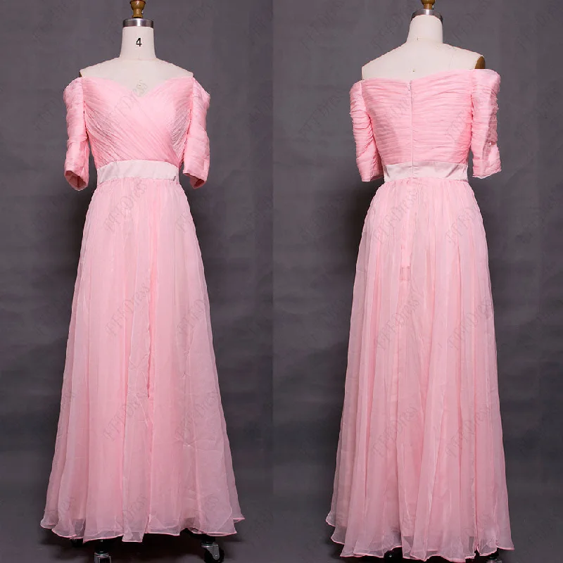 Pink modest prom dress with sleeves vintage off the shoulder evening dress