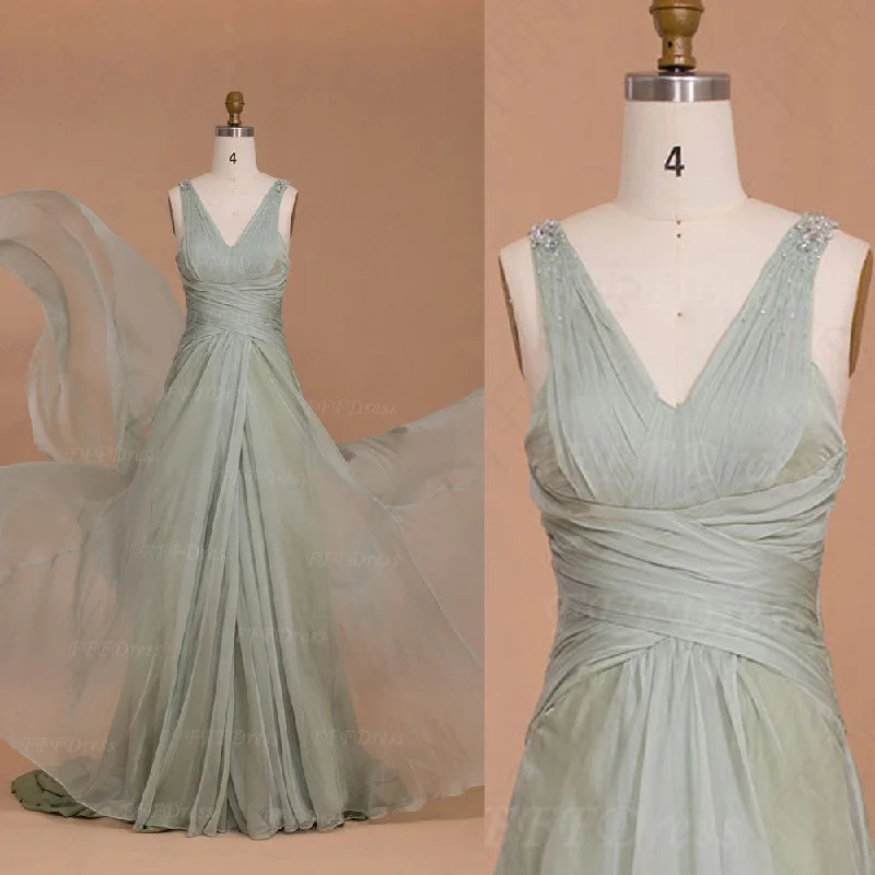 Light green crystal long evening dresses