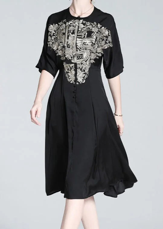 Italian Black O-Neck Embroideried Button Silk Long Dress Summer