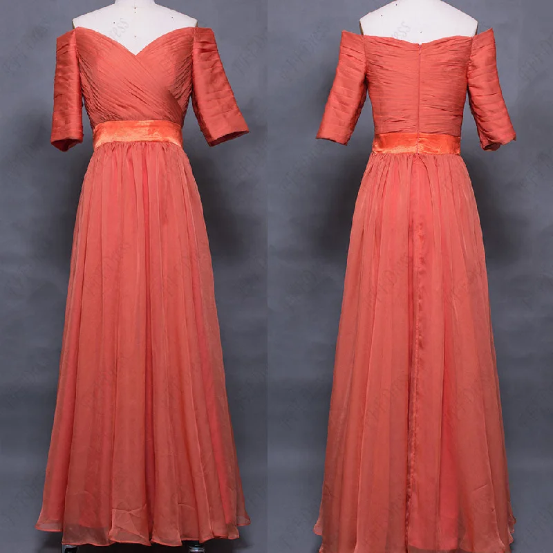 off the shoulder Burnt orange evening dress with sleeves formal dress