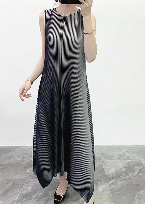 Grey O-Neck Striped Gradient color Long Dress Sleeveless