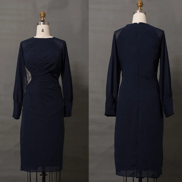 Modest navy blue mother of the bride dresses long sleeves knee length