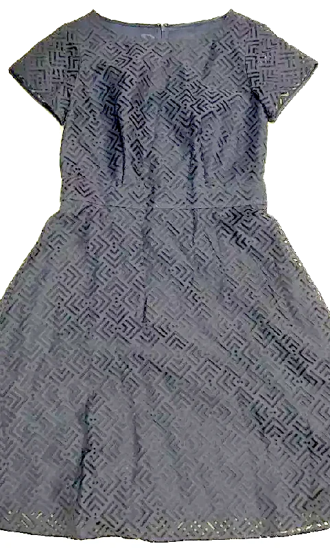 Courreges Paris. Vintage Black Geometric Design Flare Dress, Lined Under the Sheer Geometric Pattern