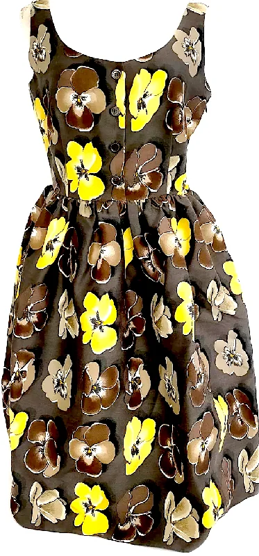 Prada Italy. Dark Brown Wool, Silk Floral Dress
