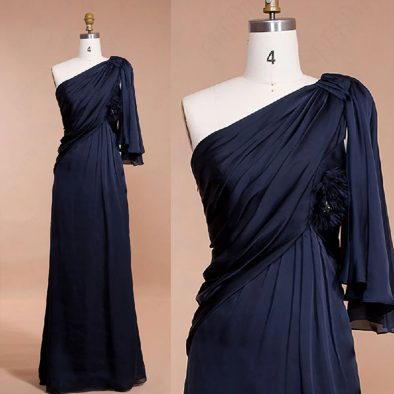 Navy blue one shoulder formal dresses long prom dresses