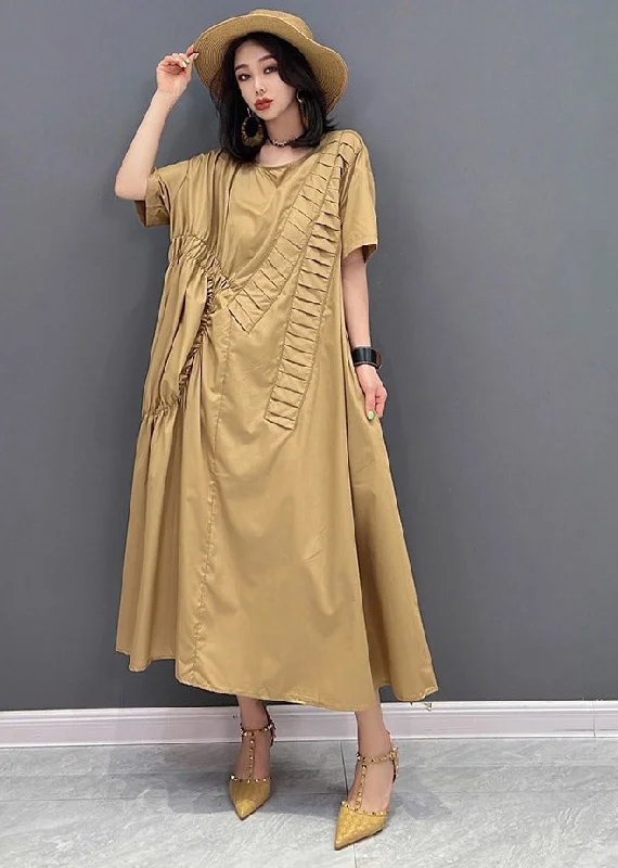Classy Khaki O-Neck Asymmetrical Wrinkled Pockets Long Dresses Short Sleeve