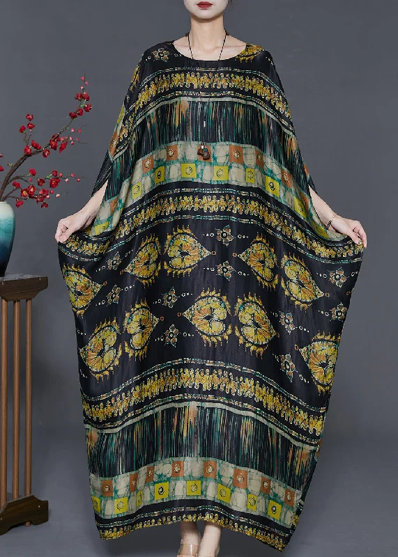 Bohemian Black Oversized Print Silk Long Dresses Batwing Sleeve