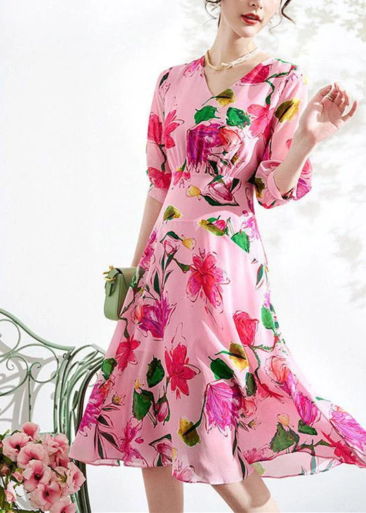Beautiful Pink V Neck Print Tunic Chiffon Long Dresses Summer