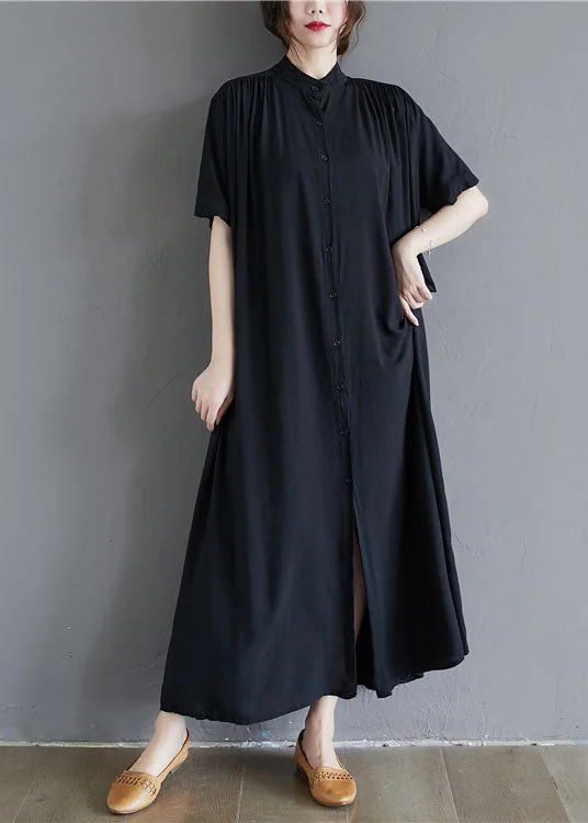 French Black Stand Collar Oversized Cotton Long Dress Summer