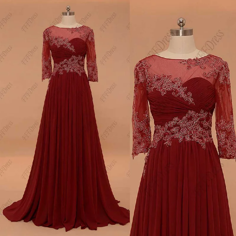 Burgundy modest mother of the bride dress with sleeves