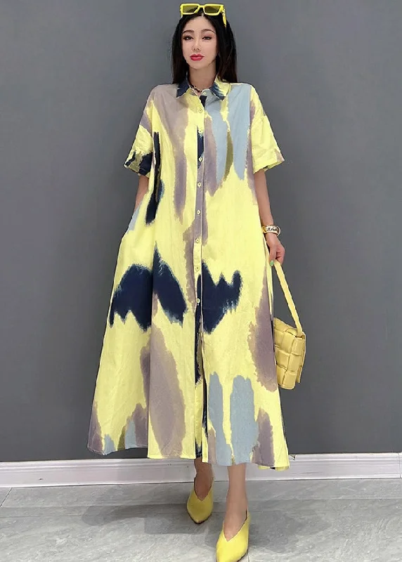 Italian Peter Pan Collar Print Button Long Dress Short Sleeve