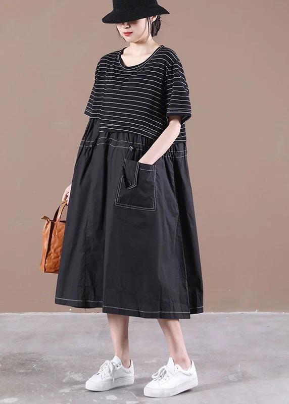 Plus Size Black O-Neck Patchwork Striped Cotton Long Dress Short Sleeve