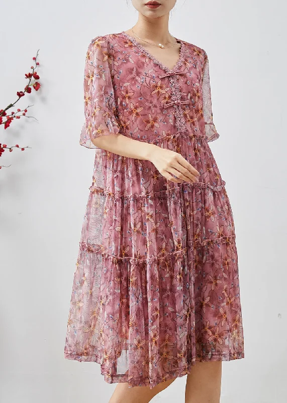 Pink Print Chiffon Long Dresses Chinese Button Summer