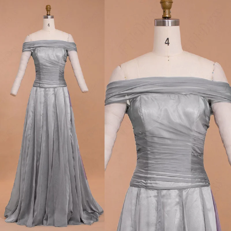 Off the shoulder grey chiffon formal dresses