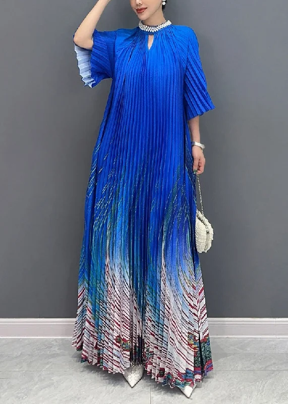 Unique Blue Stand Collar Print Wrinkled Long Dress Summer