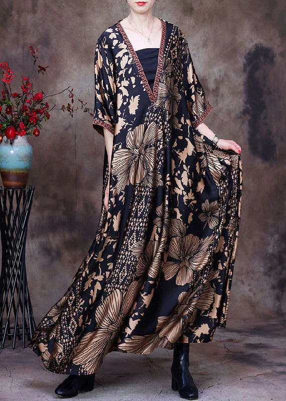 Handmade Yellow V Neck Asymmetrical Print Silk Long Dress Short Sleeve