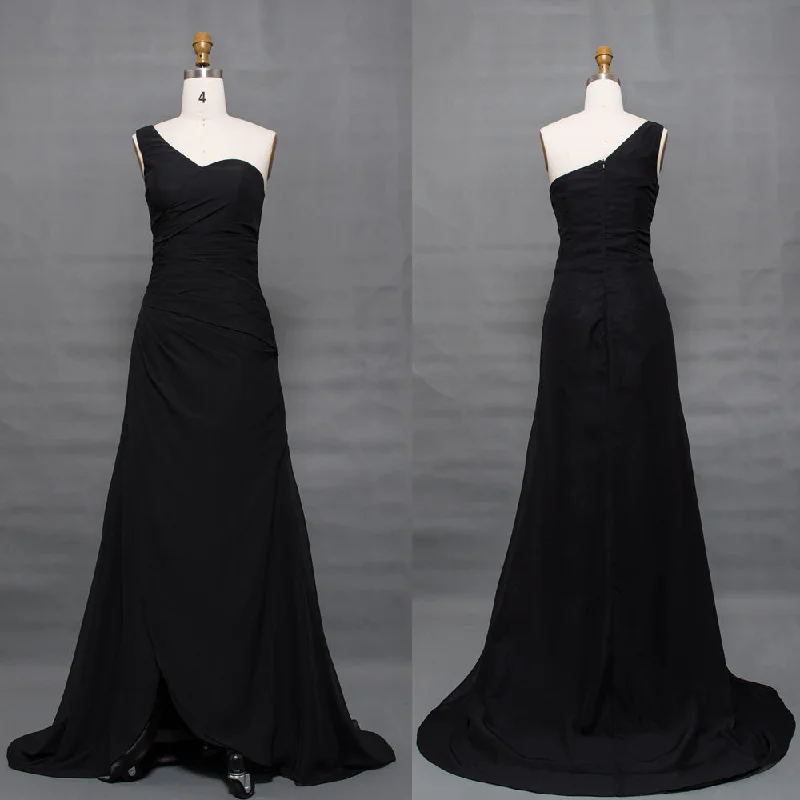 One shoulder black formal evening dresses long