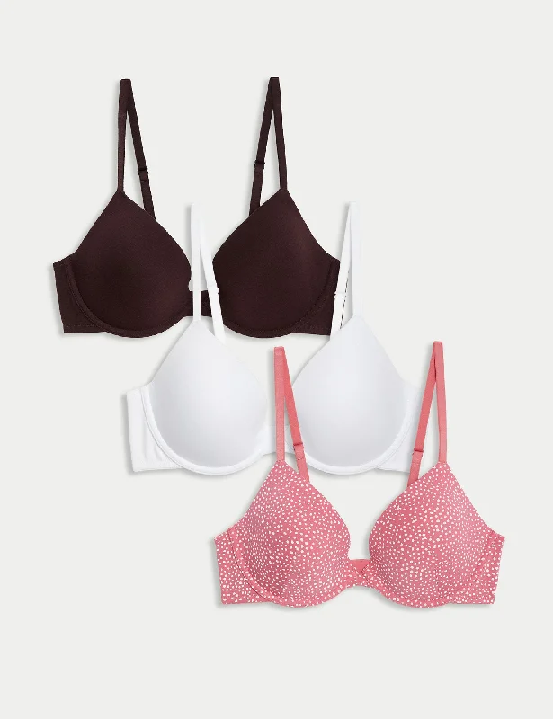 3pk Cotton Wired Plunge T-Shirt Bras A-E Spandex Blend Rayon Blend Denim Blend