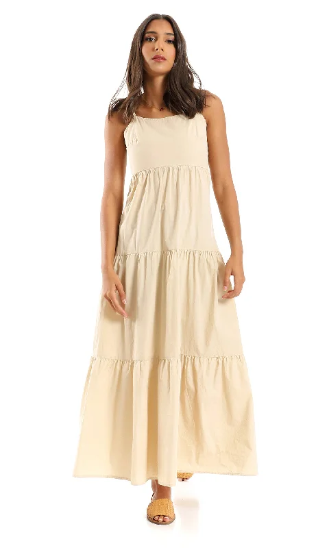98031 Back Buttons Tiered Cotton Dress - Beige