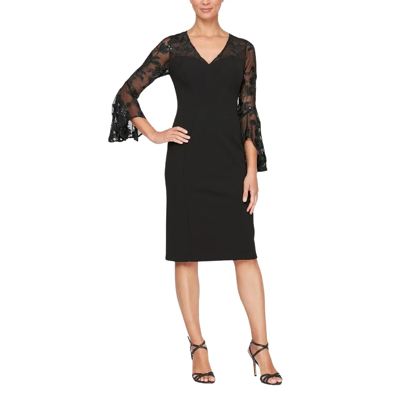 ALEX EVENINGS - Embroidered Illusion Bell Sleeve Sheath Dress