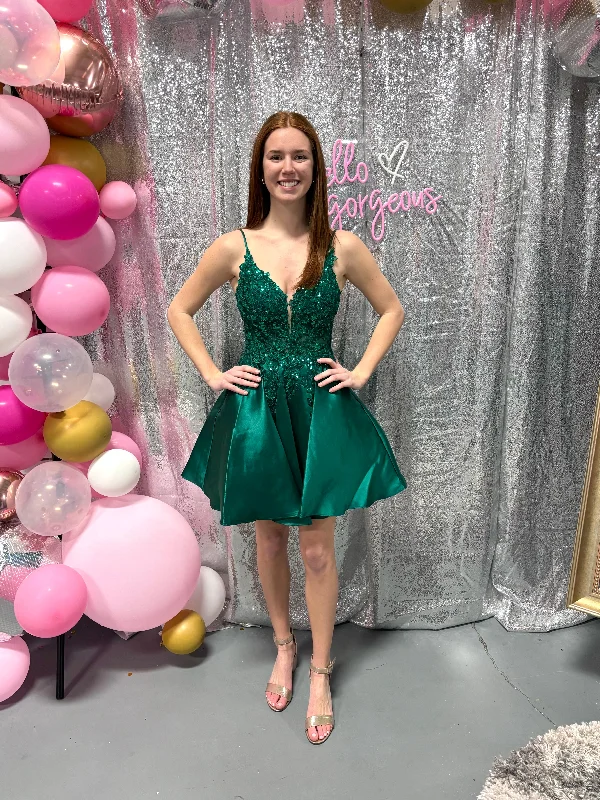 Alyce Paris 3131 Pine Green Illusion Bodice Satin Cocktail Dress