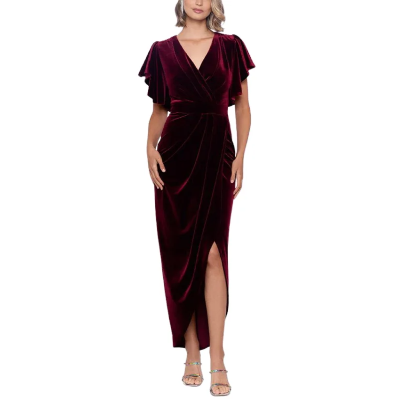 BETSY & ADAM - V Neck Short Flutter Sleeve Velvet Gown Purple